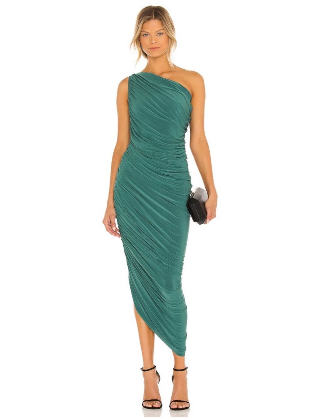 Norma Kamali Diana Bodycon Dress Xl Green Shirred Ruched Maxi Asymmetrical